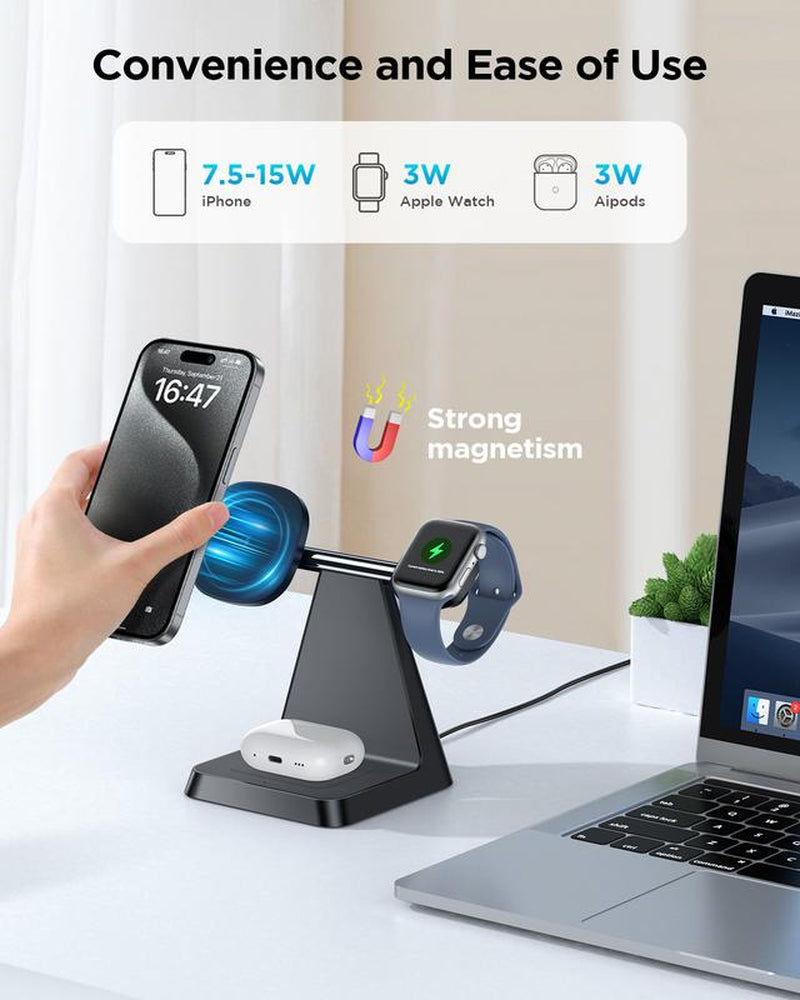 3 in 1 Charger Station Compatible with Magsafe Wireless Charger for Iphone 16/15/14/13/12 Series for Airpods Iwatch Series Wireless Charger