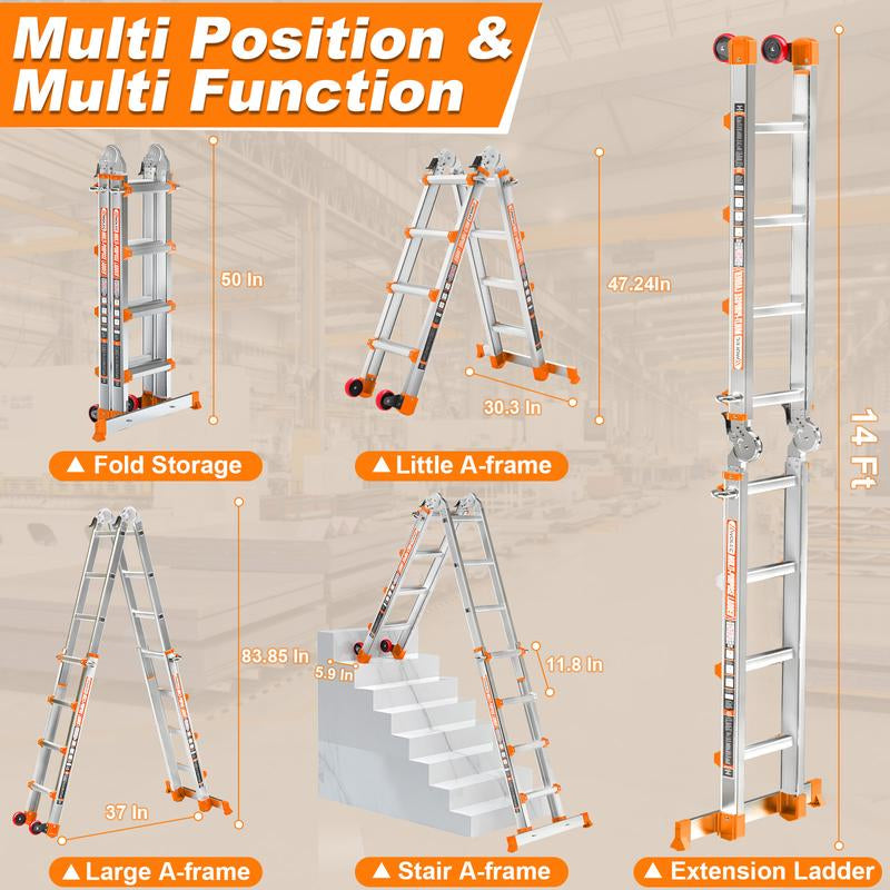 Ladder, a Frame 5 Step Ladder Extension, 17 FT Anti-Slip Multi Position & Storage Folding Ladder, 330 Lbs Security Load Telescoping Aluminum Ladders for Stairs Home Indoor Outdoor Roof