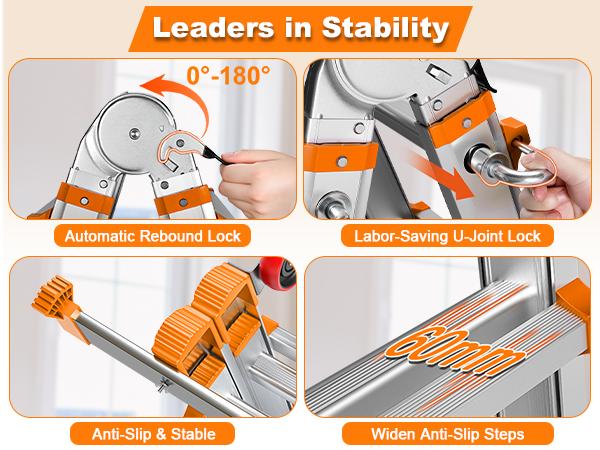 Ladder, a Frame 5 Step Ladder Extension, 17 FT Anti-Slip Multi Position & Storage Folding Ladder, 330 Lbs Security Load Telescoping Aluminum Ladders for Stairs Home Indoor Outdoor Roof