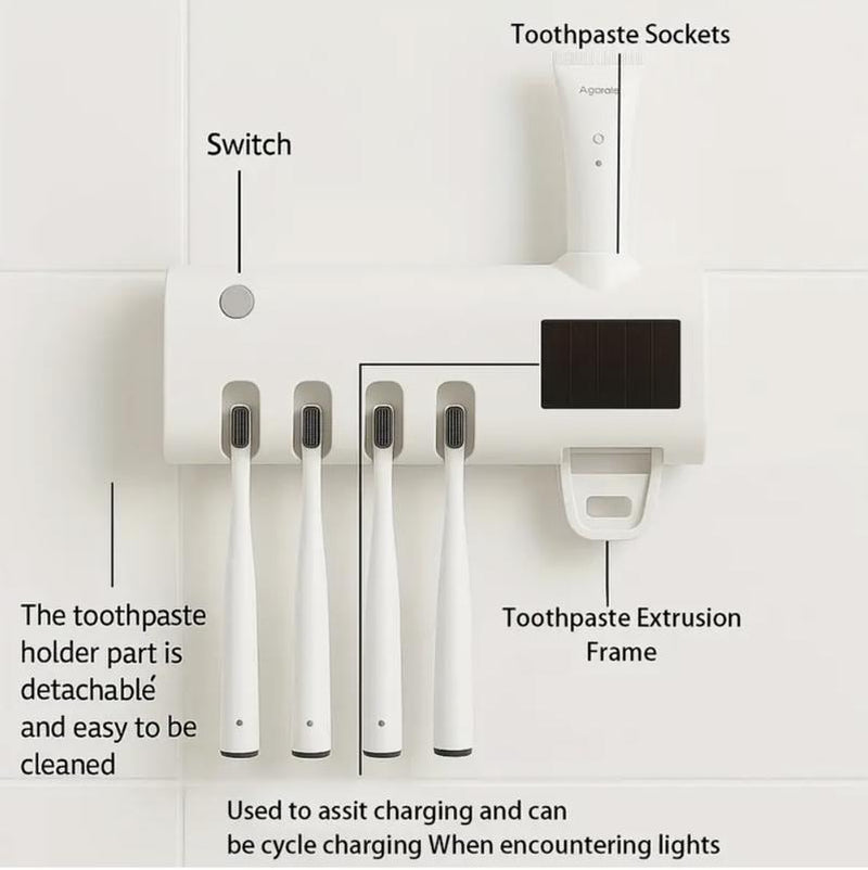 Portable Rechargeable Wall-Mounted Holder with Auto Shut-Off for Effective Cleaning and Air Drying, Toothbrush Sterilizer White Toothpaste Dispenser Toothpaste Squeezers