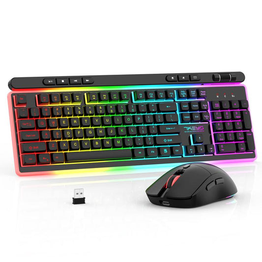 Wireless Keyboard and Mouse Gaming Combo, 7KEYS RGB Backlit Keyboard Mechanical Feel with Rechargeable, Ergonomic Light up Keyboard and Mouse , 6D Gaming Mouse 3200DPI, for Computer Desk PC Laptop MAC