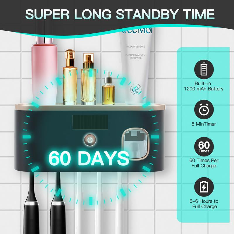 PHANCIR NEW Toothbrush Holder for Bathrooms,5-Slot Wall Mount Toothbrush Sanitizer & Timing Function Wall Mounted with Toothpaste Dispenser for Electric / Regular Toothbrush