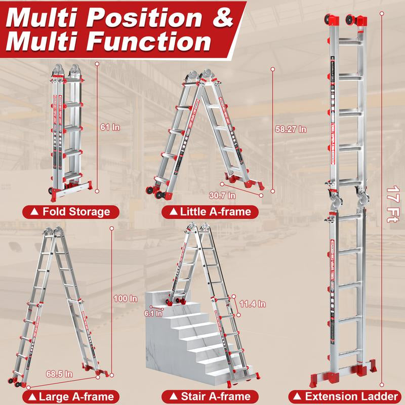 Ladder, a Frame 5 Step Ladder Extension, 17 FT Anti-Slip Multi Position & Storage Folding Ladder, 330 Lbs Security Load Telescoping Aluminum Ladders for Stairs Home Indoor Outdoor Roof