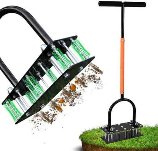 RIFPOD Lawn Aerator -Aerator Lawn Tool, Automatic Dirtand Leaf Clean Design, Heavy Duty Manual Lawn Aeratortool with 15 Lron Spikes, Height Adjustable, Yard Grassaerator for Lawn(Orange)