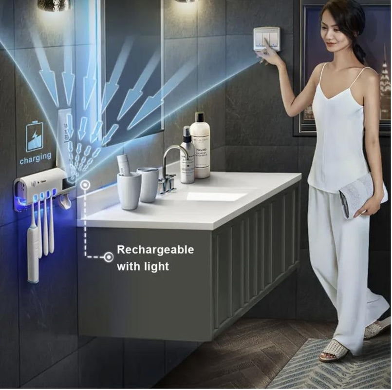 Portable Rechargeable Wall-Mounted Holder with Auto Shut-Off for Effective Cleaning and Air Drying, Toothbrush Sterilizer White Toothpaste Dispenser Toothpaste Squeezers