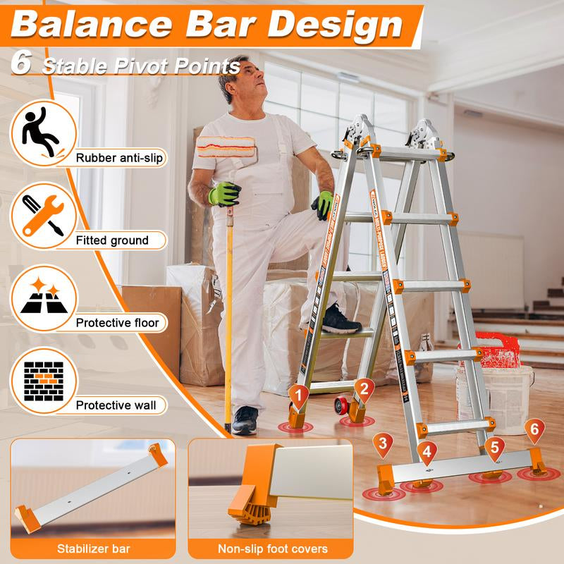 Ladder, a Frame 5 Step Ladder Extension, 17 FT Anti-Slip Multi Position & Storage Folding Ladder, 330 Lbs Security Load Telescoping Aluminum Ladders for Stairs Home Indoor Outdoor Roof