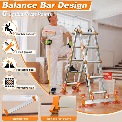 Ladder, a Frame 5 Step Ladder Extension, 17 FT Anti-Slip Multi Position & Storage Folding Ladder, 330 Lbs Security Load Telescoping Aluminum Ladders for Stairs Home Indoor Outdoor Roof