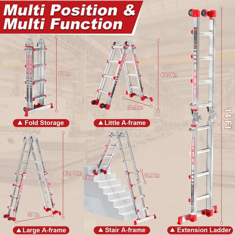 Ladder, a Frame 5 Step Ladder Extension, 17 FT Anti-Slip Multi Position & Storage Folding Ladder, 330 Lbs Security Load Telescoping Aluminum Ladders for Stairs Home Indoor Outdoor Roof