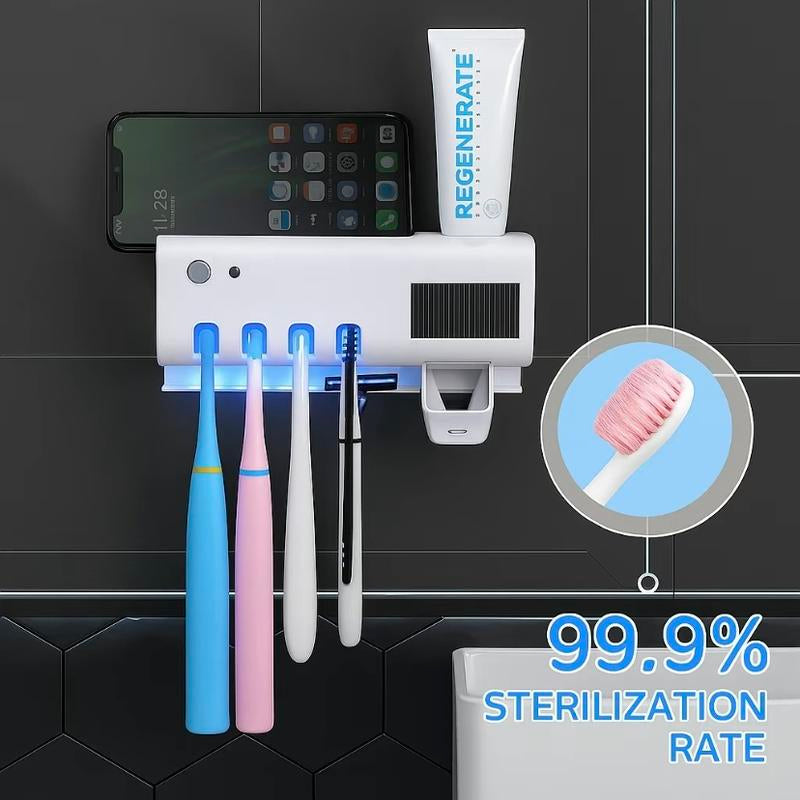 Portable Rechargeable Wall-Mounted Holder with Auto Shut-Off for Effective Cleaning and Air Drying, Toothbrush Sterilizer White Toothpaste Dispenser Toothpaste Squeezers