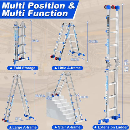 Ladder, a Frame 5 Step Ladder Extension, 17 FT Anti-Slip Multi Position & Storage Folding Ladder, 330 Lbs Security Load Telescoping Aluminum Ladders for Stairs Home Indoor Outdoor Roof