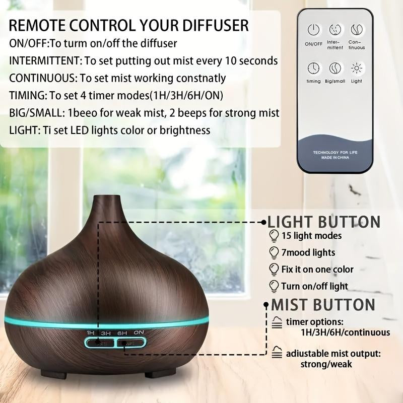 550Ml Aroma Diffuser with Remote Control Wood Grain Timer, Cool Mist Humidifier for Large Room with 6 Oil Set Fire Diffuser Bourbon Humidifier Air Purifier anti Gravity Humidifier Whisker