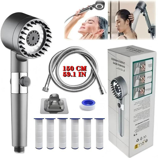 Hand-Held Filter Booster Shower Head, 4 Spray Modes, Hard Water Powerful Cleaning, Equipped with 6 Filters, Bathroom Shower Set