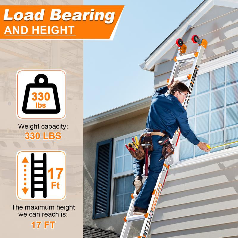 Ladder, a Frame 5 Step Ladder Extension, 17 FT Anti-Slip Multi Position & Storage Folding Ladder, 330 Lbs Security Load Telescoping Aluminum Ladders for Stairs Home Indoor Outdoor Roof