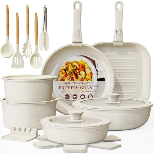 Astercook 22Pcs Non-Stick Pots and Pans Set with Detachable Handle, Oven Safe, Stackable, Non-Stick RV Kitchen Cooking Set Modern Aluminum Dishwasher Safe