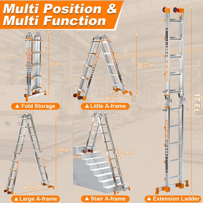 Ladder, a Frame 5 Step Ladder Extension, 17 FT Anti-Slip Multi Position & Storage Folding Ladder, 330 Lbs Security Load Telescoping Aluminum Ladders for Stairs Home Indoor Outdoor Roof