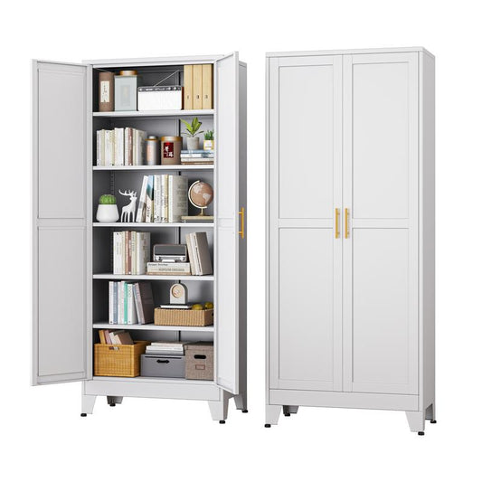 Metal Pantry Cabinet with 2 Doors and 5 Adjustable Shelves, 75" Kitchen Storage Cabinets with Gold Handles, Versatile Storage for Laundry Room, Living Room, Bathroom, Dinning Room, Utility Room Mothersdaygift