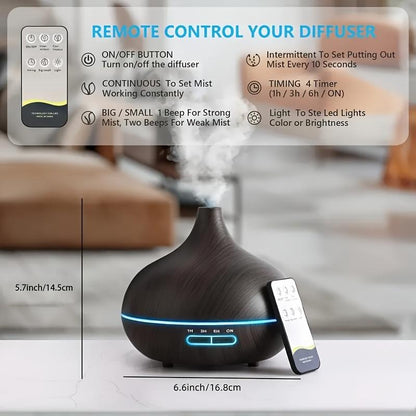 550Ml Aroma Diffuser with Remote Control Wood Grain Timer, Cool Mist Humidifier for Large Room with 6 Oil Set Fire Diffuser Bourbon Humidifier Air Purifier anti Gravity Humidifier Whisker