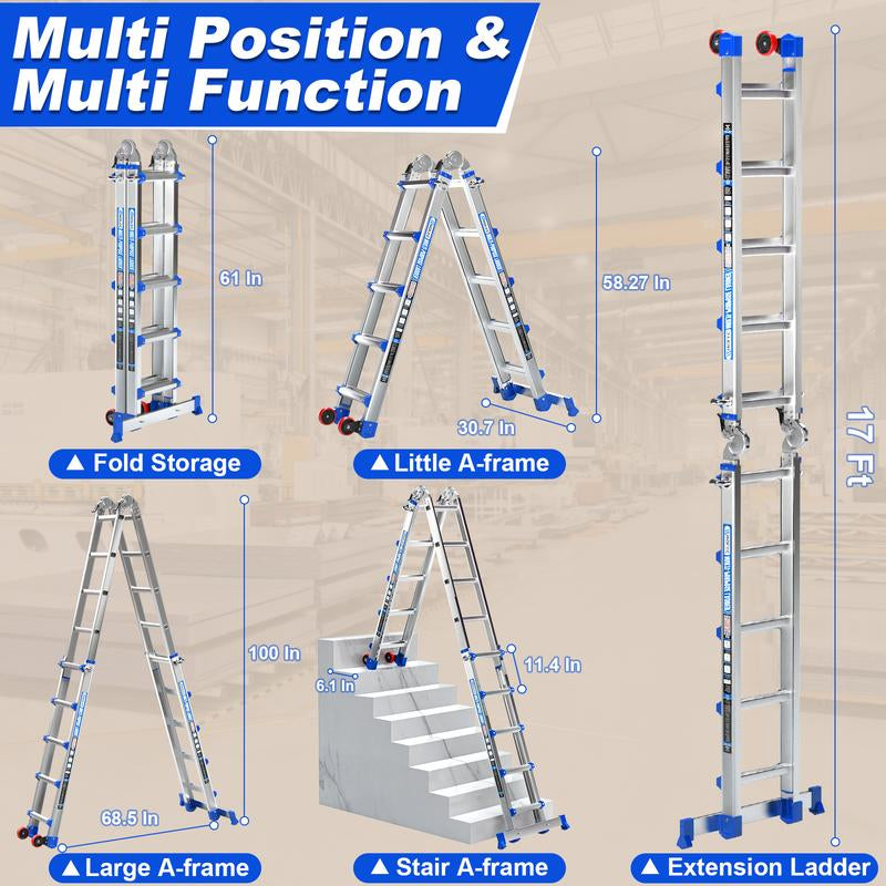 Ladder, a Frame 5 Step Ladder Extension, 17 FT Anti-Slip Multi Position & Storage Folding Ladder, 330 Lbs Security Load Telescoping Aluminum Ladders for Stairs Home Indoor Outdoor Roof
