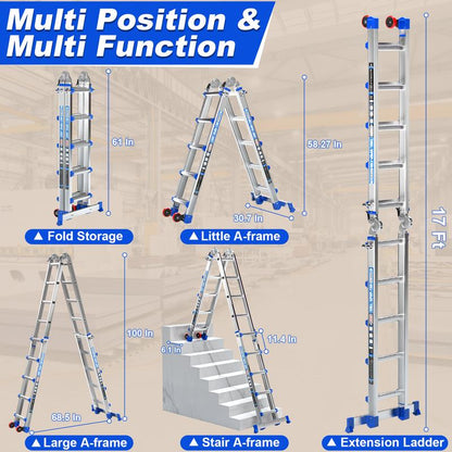 Ladder, a Frame 5 Step Ladder Extension, 17 FT Anti-Slip Multi Position & Storage Folding Ladder, 330 Lbs Security Load Telescoping Aluminum Ladders for Stairs Home Indoor Outdoor Roof