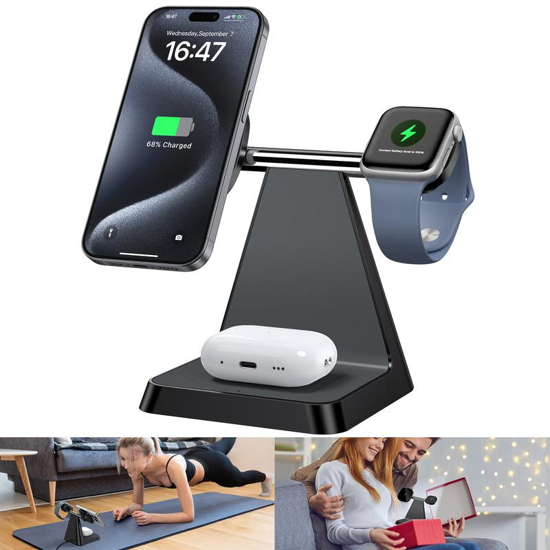3 in 1 Charger Station Compatible with Magsafe Wireless Charger for Iphone 16/15/14/13/12 Series for Airpods Iwatch Series Wireless Charger