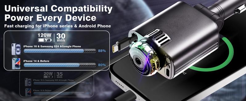 Retractable Car Charger USB C Fast Charging 120W, Caraccessories Cigarette Lighter Adapter with Aromatherapystarlight/Air Freshener , Car Charger Iphone16 15 14 13 12 11 Essentials Giftfor Travelers, Men, Women