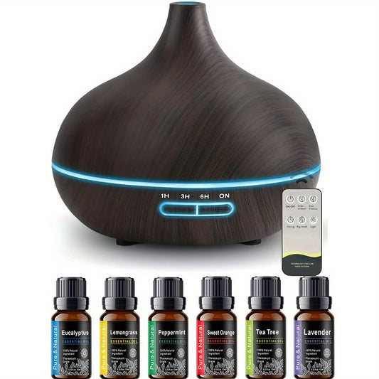 550Ml Aroma Diffuser with Remote Control Wood Grain Timer, Cool Mist Humidifier for Large Room with 6 Oil Set Fire Diffuser Bourbon Humidifier Air Purifier anti Gravity Humidifier Whisker