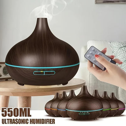 550Ml Aroma Diffuser with Remote Control Wood Grain Timer, Cool Mist Humidifier for Large Room with 6 Oil Set Fire Diffuser Bourbon Humidifier Air Purifier anti Gravity Humidifier Whisker