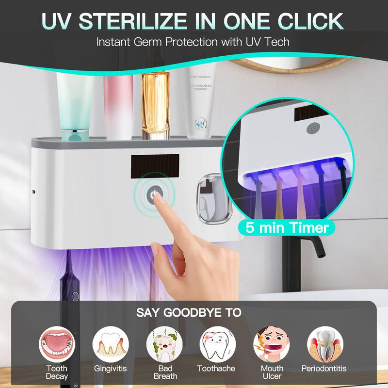 PHANCIR NEW Toothbrush Holder for Bathrooms,5-Slot Wall Mount Toothbrush Sanitizer & Timing Function Wall Mounted with Toothpaste Dispenser for Electric / Regular Toothbrush