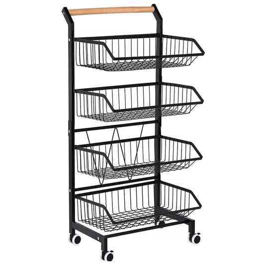 Adjustable 4-Tier Rolling Storage Cart with Solid Wood Handle - Rustproof Metal Wire Kitchen Utility Cart for Fruits, Vegetables, Pantry, Office & More