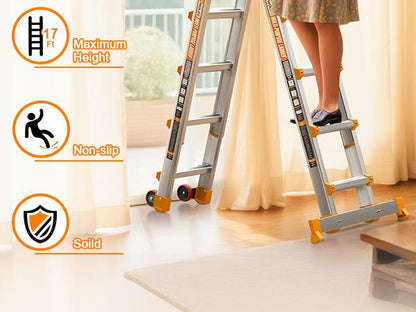 Ladder, a Frame 5 Step Ladder Extension, 17 FT Anti-Slip Multi Position & Storage Folding Ladder, 330 Lbs Security Load Telescoping Aluminum Ladders for Stairs Home Indoor Outdoor Roof